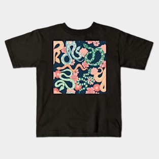 Floral snakes on dark blue Kids T-Shirt